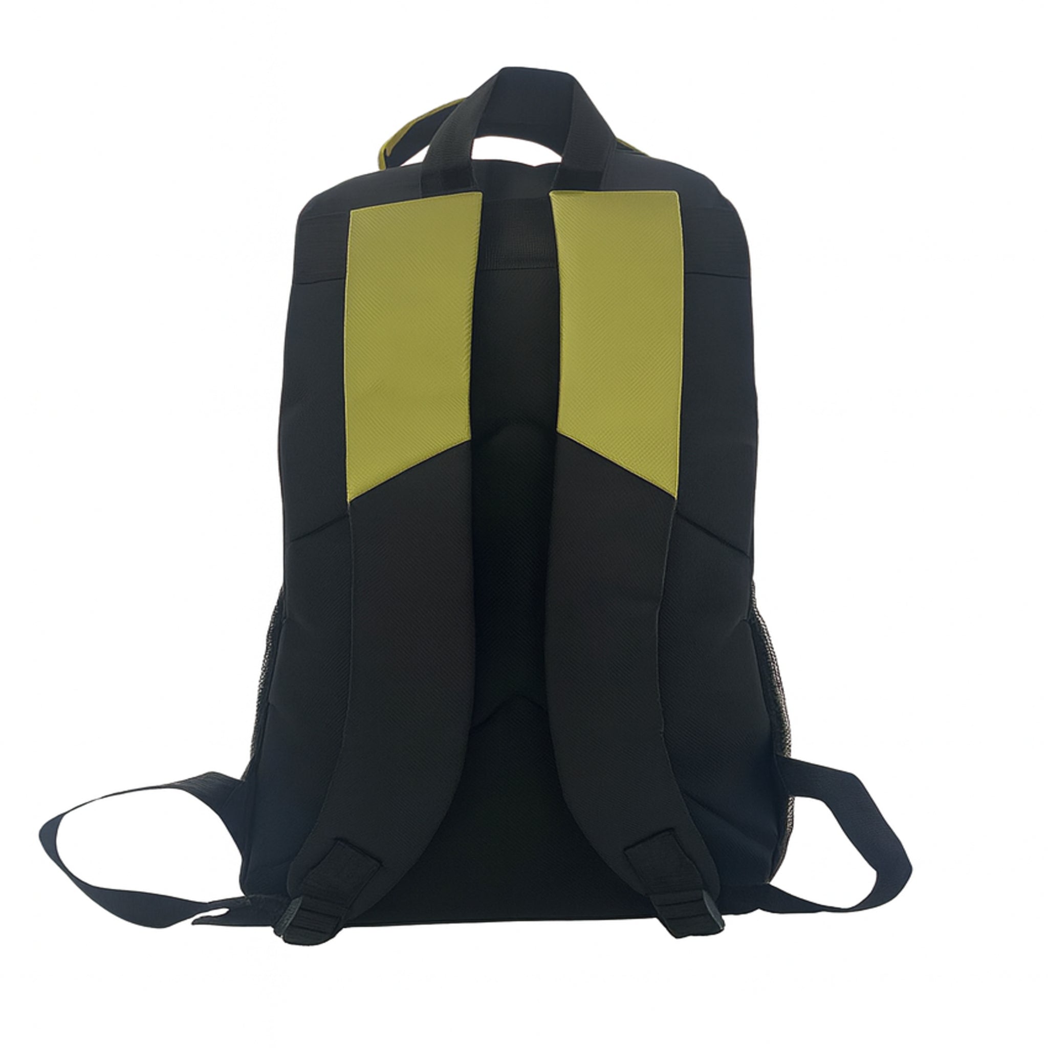 green and black Challenger dual compartment backpack with white detailing, padded shoulder straps, and side mesh pockets – ideal for school, work, or travel.